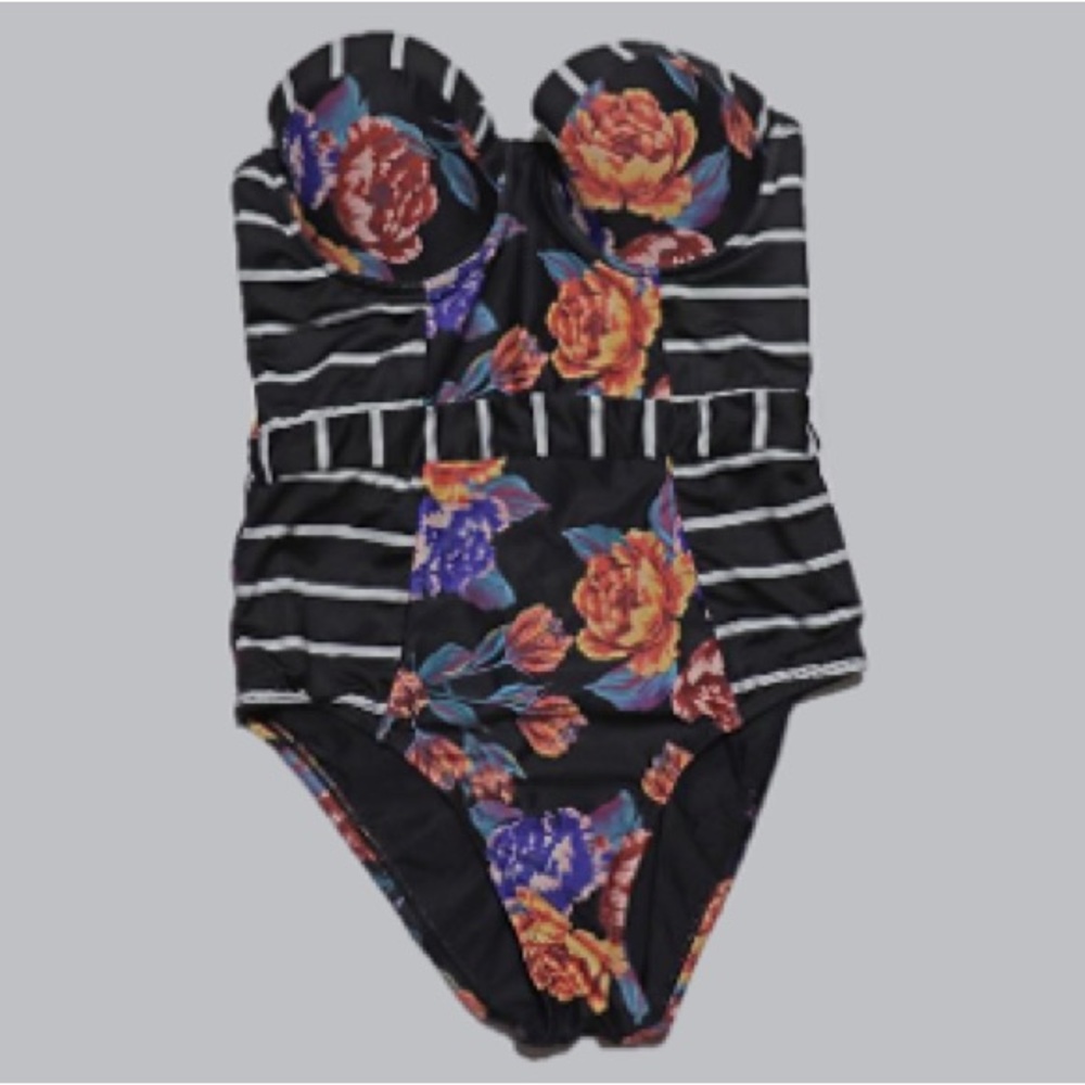 Modcloth The Harper Floral Black White Stripe Halter One Piece Swimsuit - Small - Picture 2 of 6